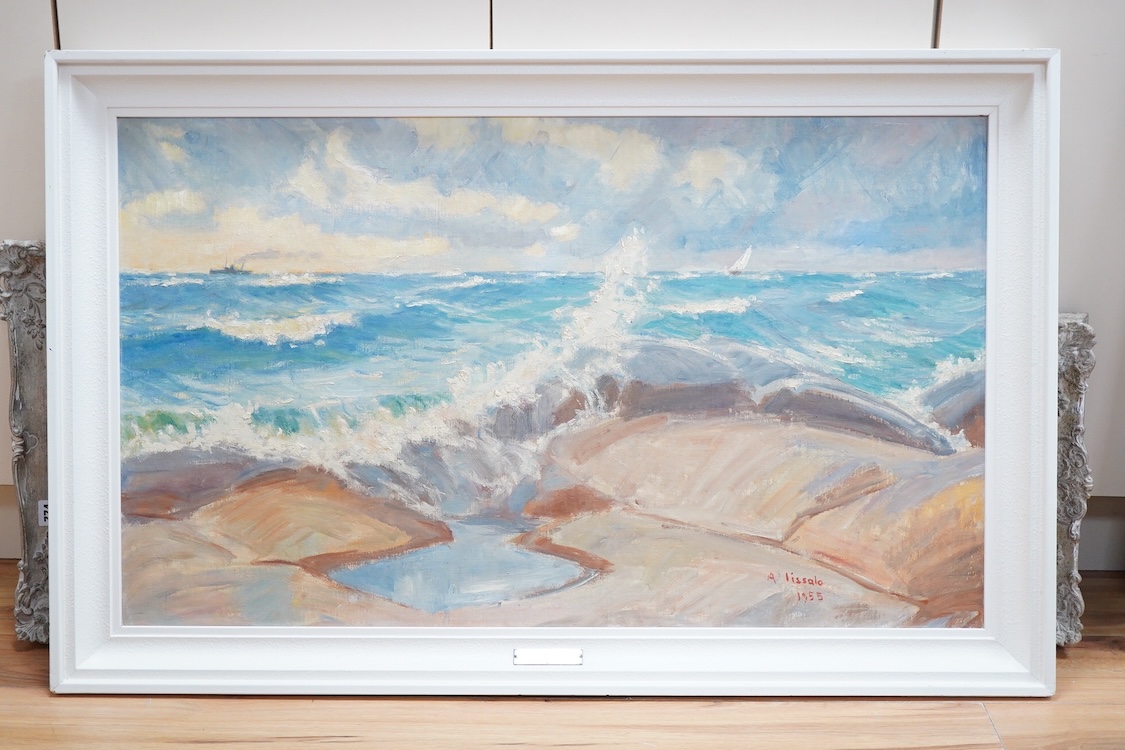 A. Lissalo (20th. C), Seascape, signed and dated 1955, with plaque to the frame, oil on board, 58 x 99cm